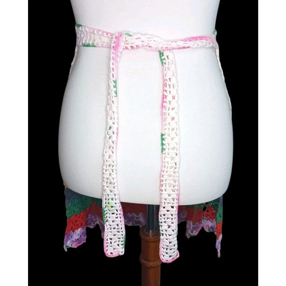Vintage Cotton Hand Crochet Half Apron White w/ Rainbow Stripes Hand Made BEAUTY